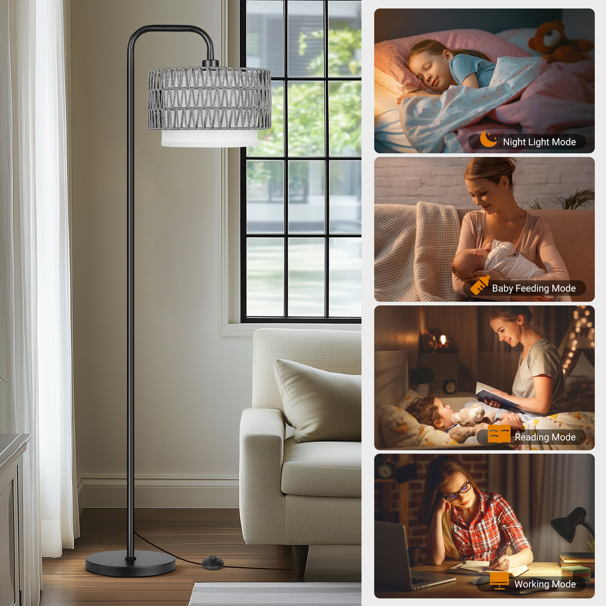 SparkGlowy 68‘’Floor Lamp for Living Room, Tall Standing Lamp with Remote 3 Color Temperatures Dimmable Bulb, Gray Rattan and Fabric Dual Shades
