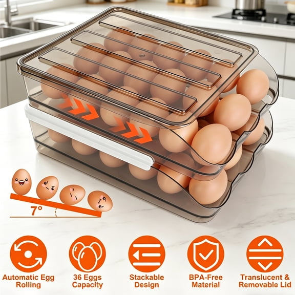TeqHome Large Capacity Egg Holder for Refrigerator, Egg Fresh Storage Box Automatic Rolling with Lid, 36 Eggs Storage Container for Fridge Kitchen Cabinets Stackable(2 Layers)