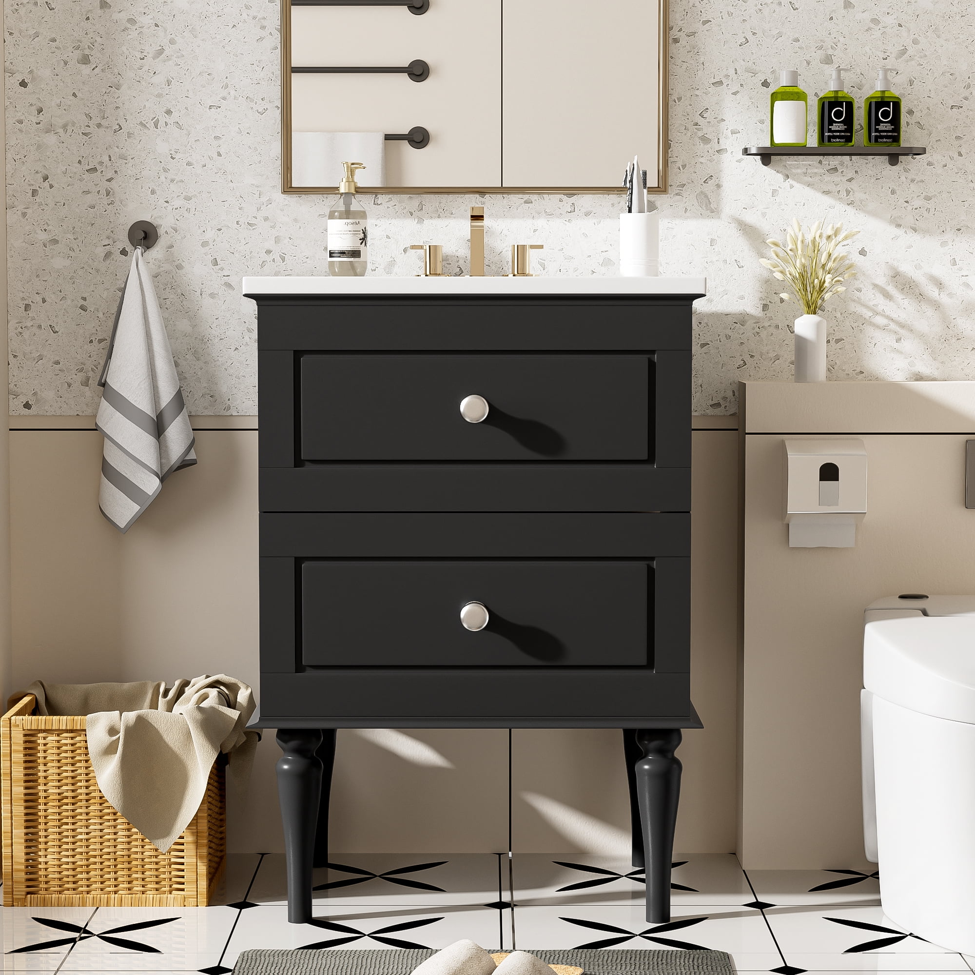 Euroco 24'' Bathroom Vanity Cabinet with Ceramic Sink Combo Set, Solid Wood Frame Modern Bathroom Storage Cabinet with 2 Drawers