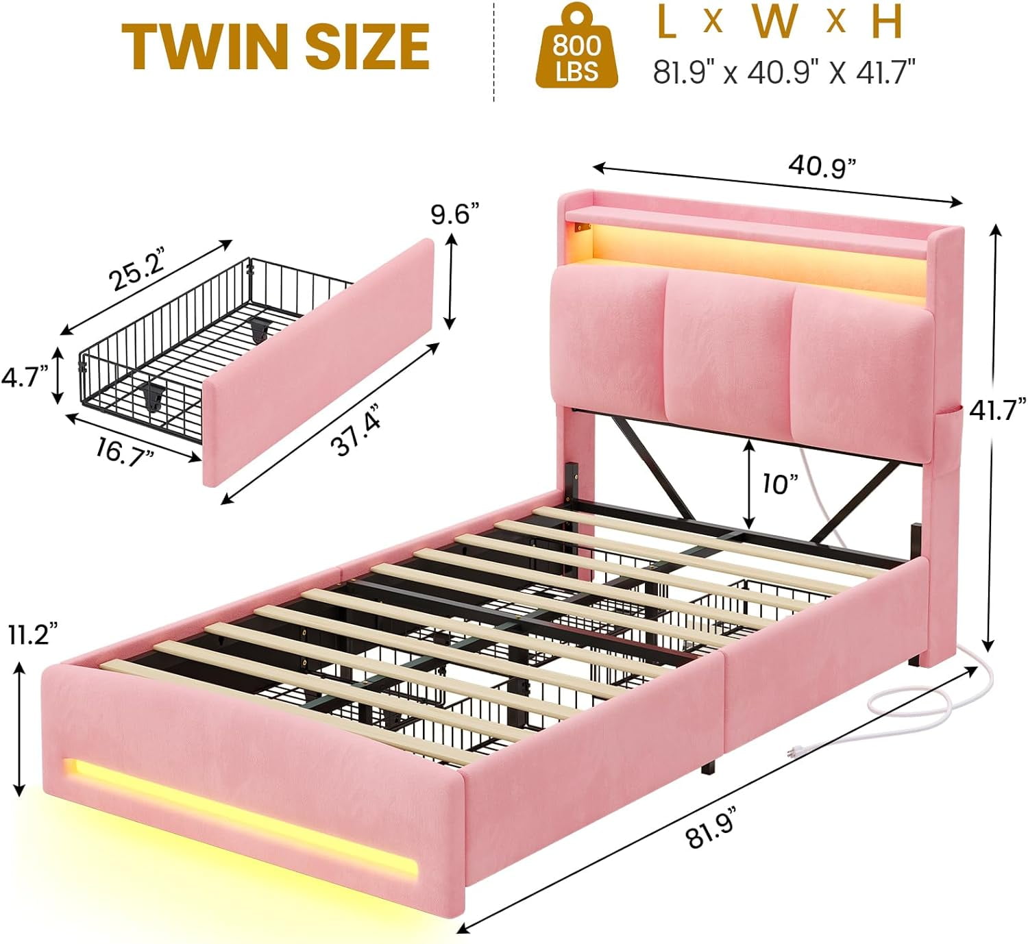 Twin Bed Frames with Storage Headboard and Charging Station, Velvet Upholstered Bed Frame Twin Size with 4 Drawers and LED Lights, Type C and USB, No Box Spring Needed, Pink