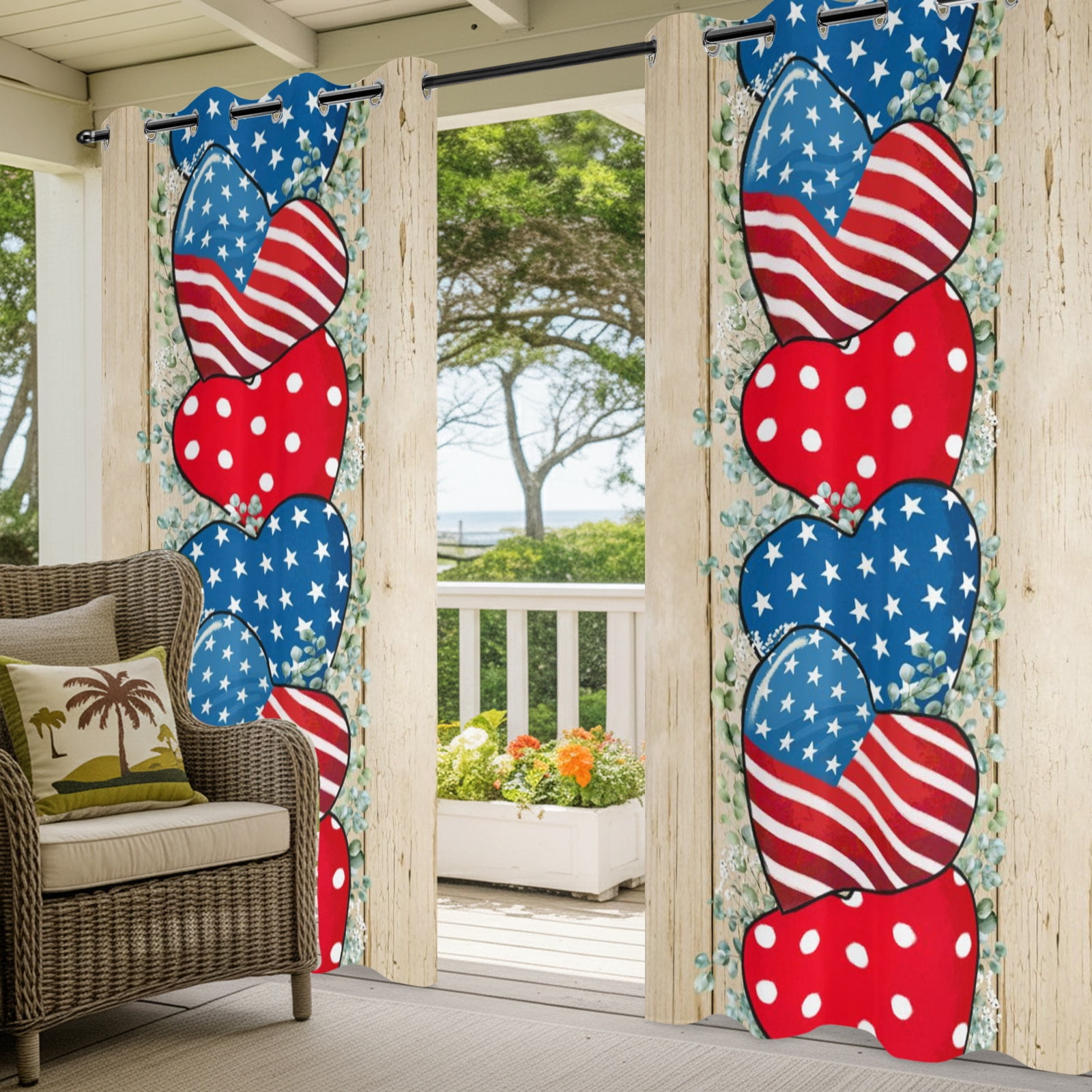 Independence Day Outdoor Curtains for Patio, Hearts American Flag Eucalyptus Leaves Sunshade Privacy Drapes Grommet Waterproof Outside Curtains for Porch/Cabana/Balcony 54"x 108", 1 Panel
