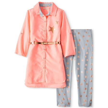 - Poplin Belted Tunic and Printed Legging, 2-Piece Outfit Set (Little Girls & Big Girls)
