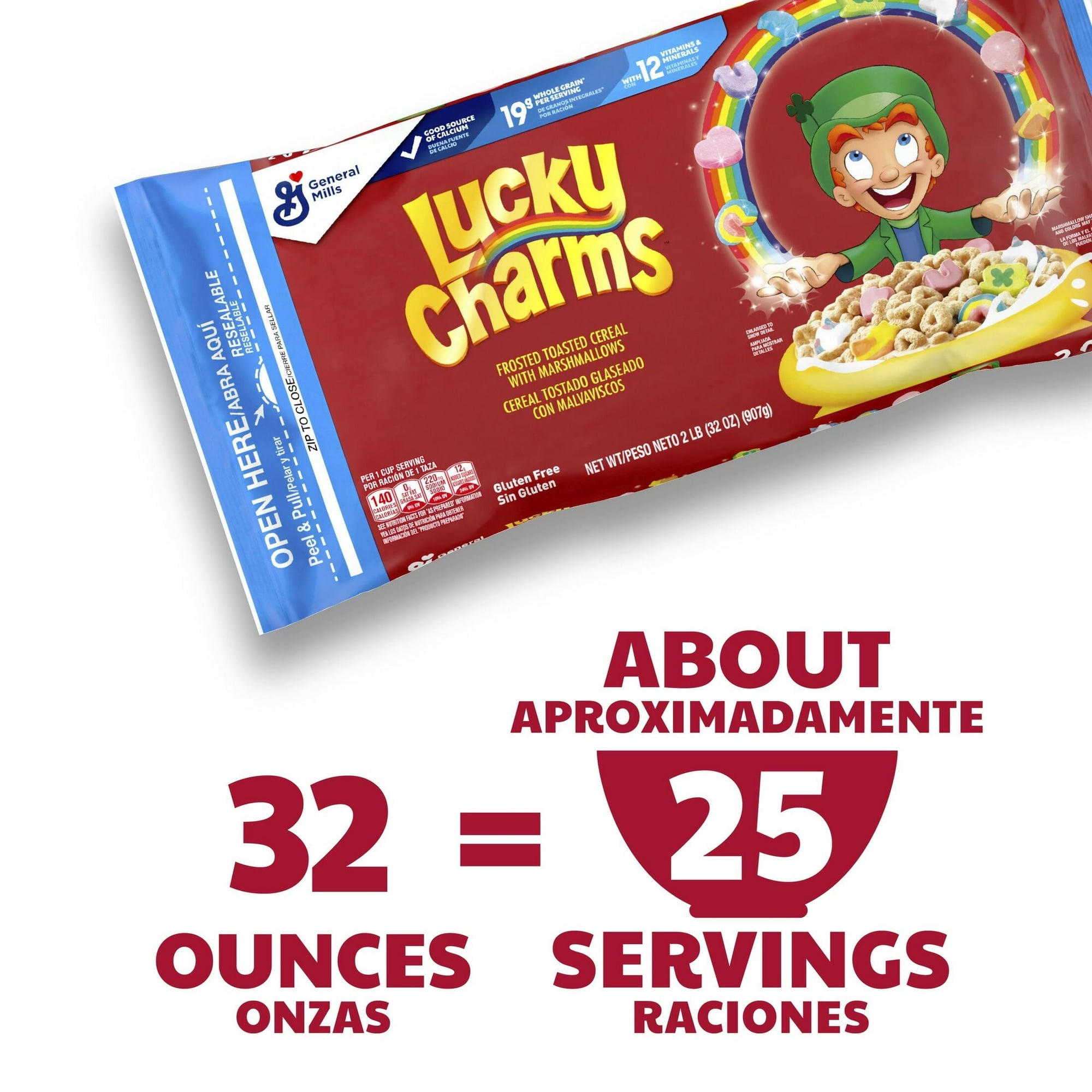 Lucky Charms Gluten Free Cereal with Marshmallows, Kids Breakfast Cereal Bag, 32 oz(pack of 4)