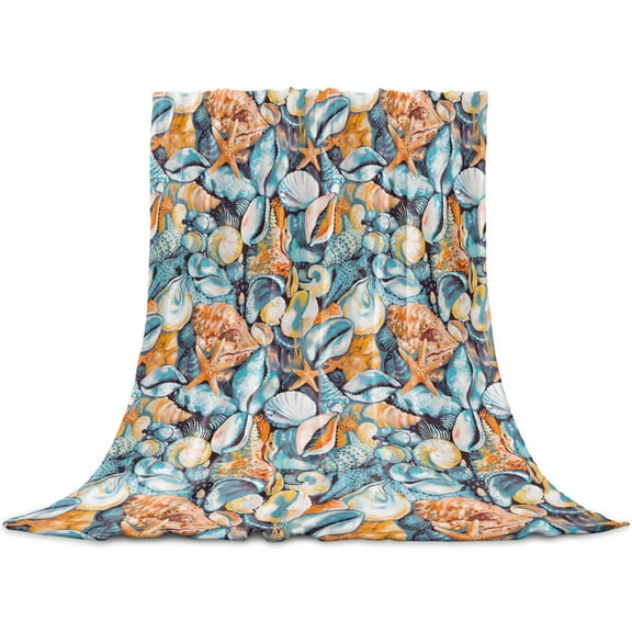 Orange Blue Coastal Flannel Blanket for Bed, Summer Ocean Shell Conch Retro Soft Cozy Warm Couch Throw Blanket, Lightweight Fluffy Plush Bedding Blankets for Sofa Decor All Season 31.5"x47"
