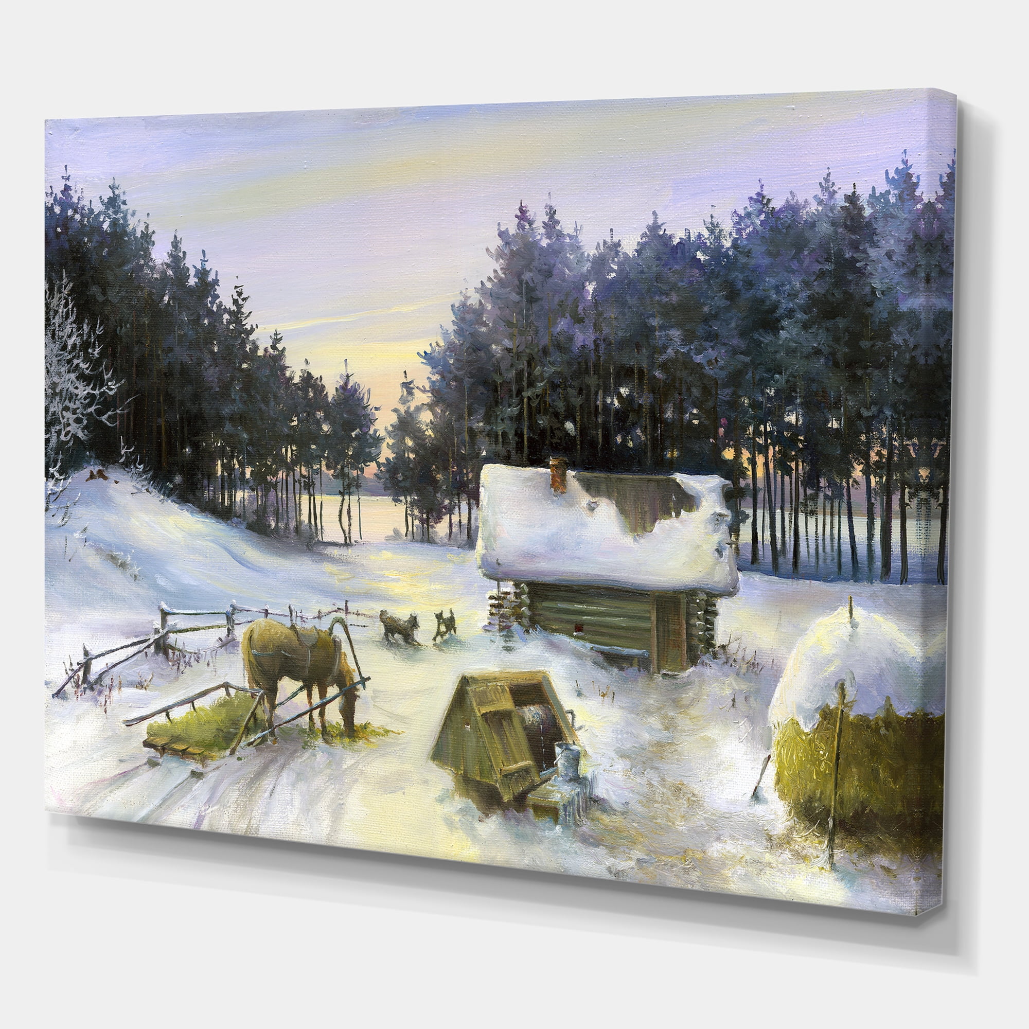Designart ' Cottage Covered In Snow With Winterscene ' Country Canvas Wall Art Print