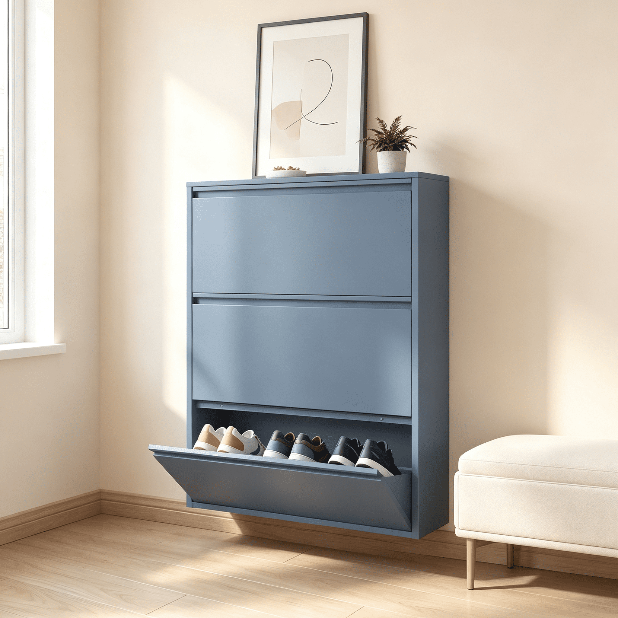 Metal Shoe Cabinet with 3 Flip Drawers, Wall Mounted Shoe Organizer, Narrow Slim Hidden Shoe Rack for Entryway,Blue