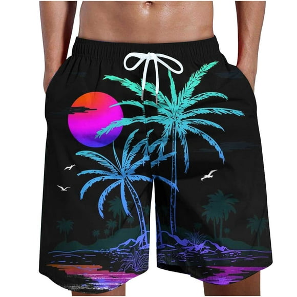 Meichang Mens Hawaiian Beach Swim Shorts Trendy Summer Tropical Palm Tree Print Swim Trunks Big and Tall Lightweight Quickly Dry Drawstring Surfing Boardshorts with Pockets