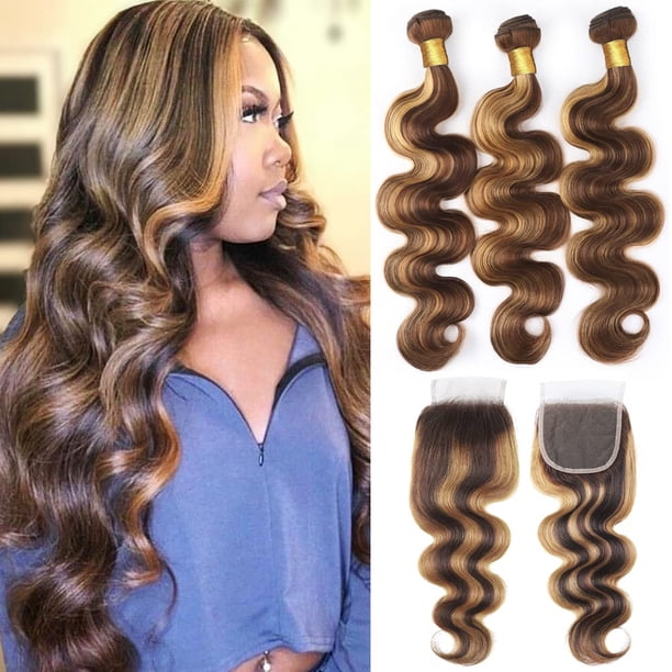 Extensiones de cabello humano brasileño virgen, mechones ondulados con cierre de encaje HD, rubio miel, degradado, 4x4, 3 paquetes