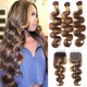 thumbnail image 1 of Extensiones de cabello humano brasileño virgen, mechones ondulados con cierre de encaje HD, rubio miel, degradado, 4x4, 3 paquetes, 1 of 5