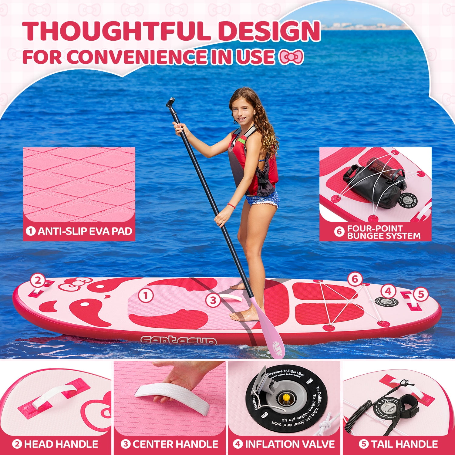 Santasup Kids Inflatable Paddle Board, 8ft Blue Panda with Paddle Board Accessories for Kids, Stand Up Paddle Board Durable, Stable Design, Wide Non-Slip Deck, Hand Pump for Youth & Kids