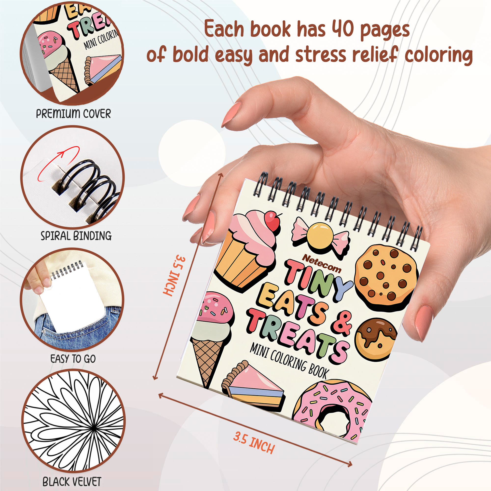 Various Themes Mini Coloring Book Spiral Bound for Adult, Pack 6, 3.5” x 3.5” Pocket Size, 40 Coloring Pages Stress & Anxiety Relief, Travel for Women Men