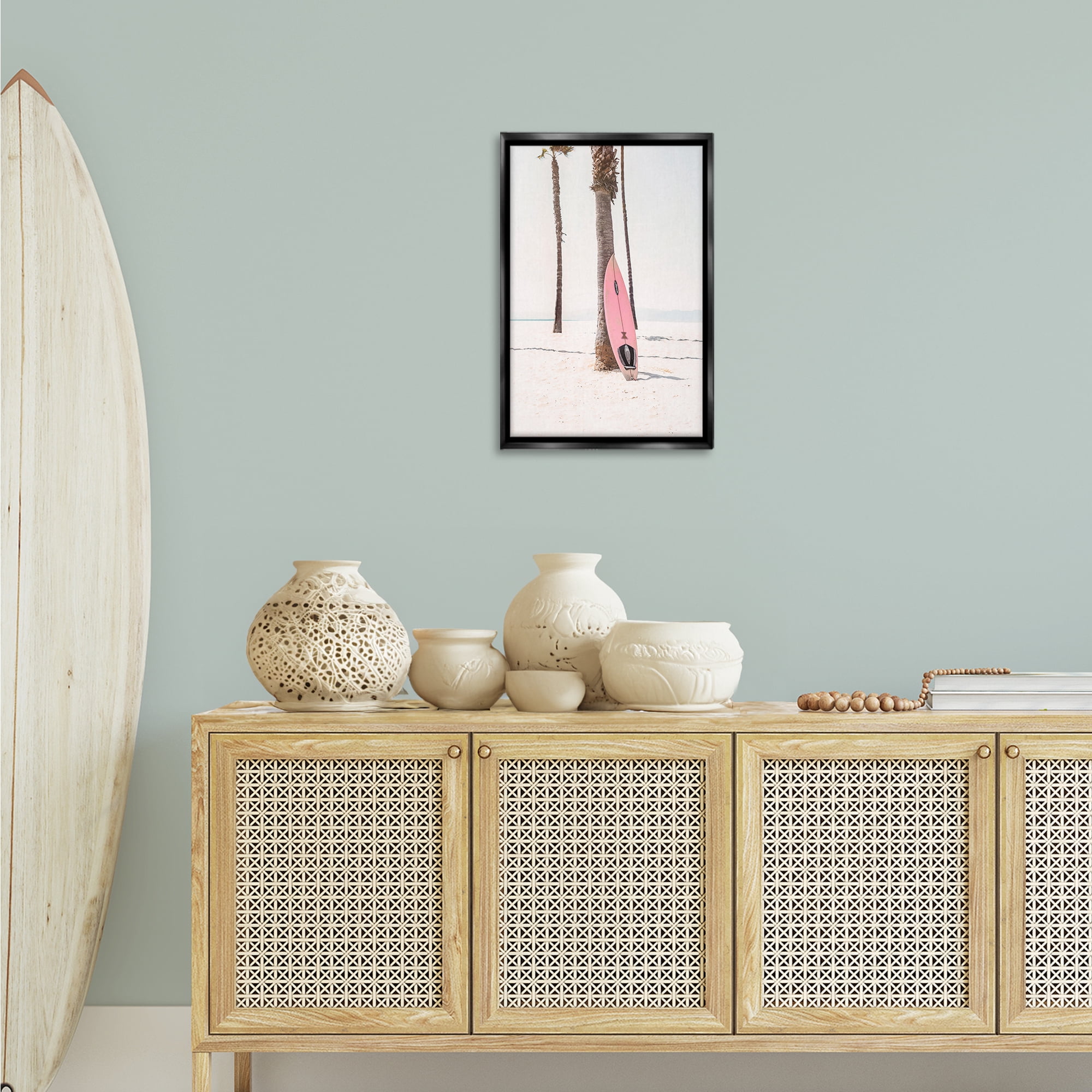Stupell Industries Pink Surf Board Coastal Photography Black Floater Framed Canvas Art Print Wall Art, 17 x 25