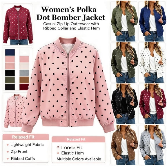 QATAINLAV Polka Dot Bomber Jacket for Women Stand Collar Full Zip Long Sleeve Coats Loose Lightweight Fall Outerwear