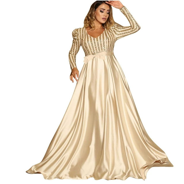 Yuyuzo Robes Maxi Formelles pour Femmes à Paillettes à Manches Longues à Col en V en Satin Fluides Robe de Soirée Cocktail Longueur au Sol
