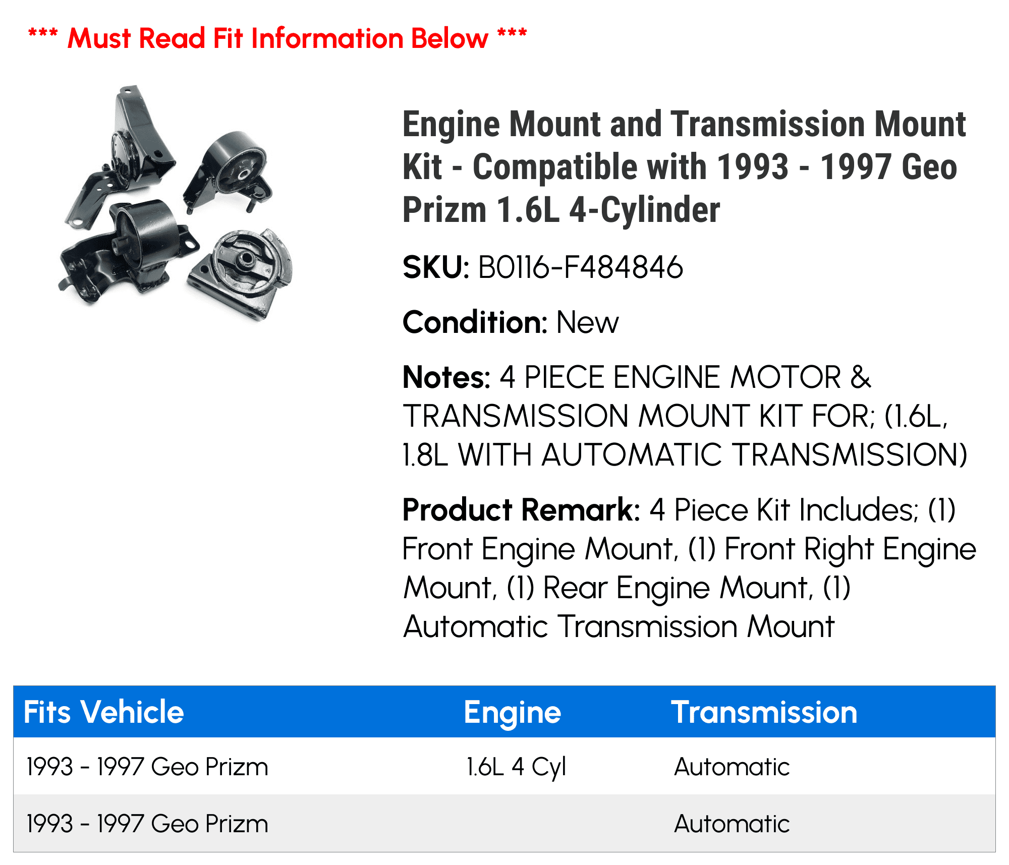 Engine Mount and Transmission Mount Kit - Compatible with 1993 - 1997 Geo Prizm 1.6L 4-Cylinder 1994 1995 1996