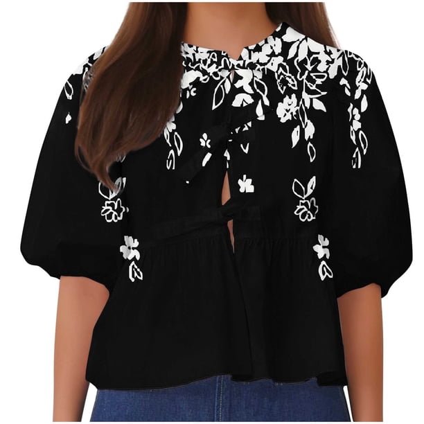 Camisetas de Manga Corta para las Mujeres Lanterna Manga Corbata Plisado Cuello Redondo, Casual Recortado Camiseta Top para Gimnasio Y Diario