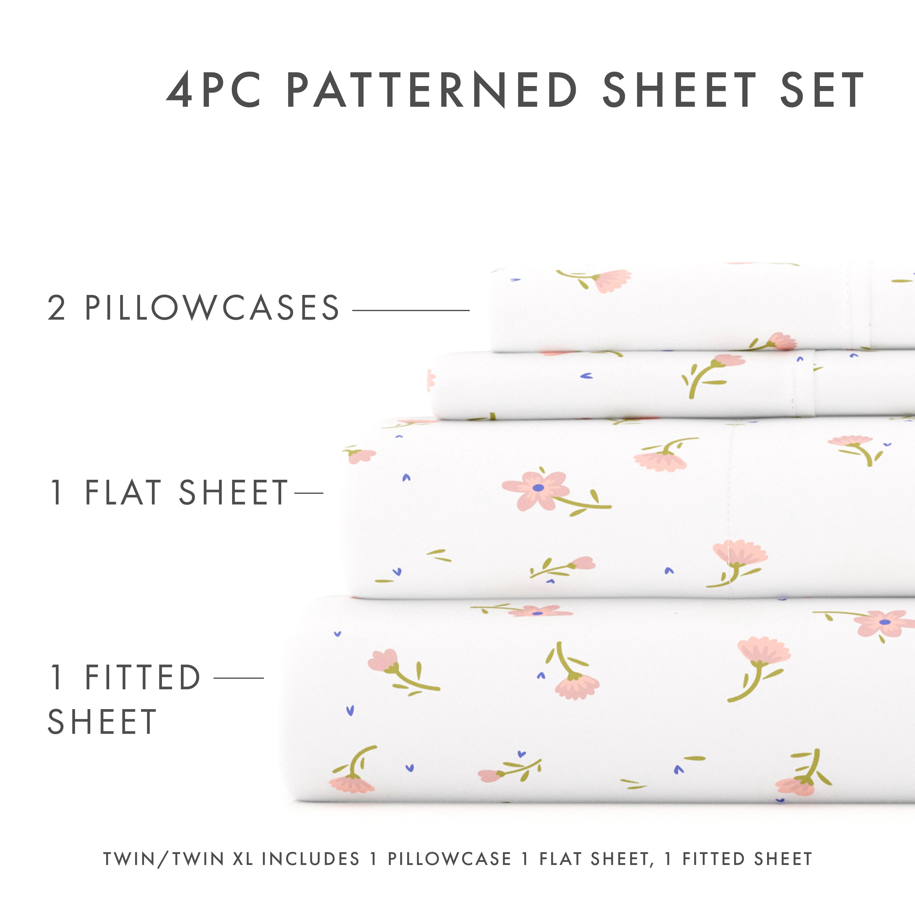 Noble Linens 4 Piece Pattern Microfiber Bed Sheets Set, Pink Floral, Twin