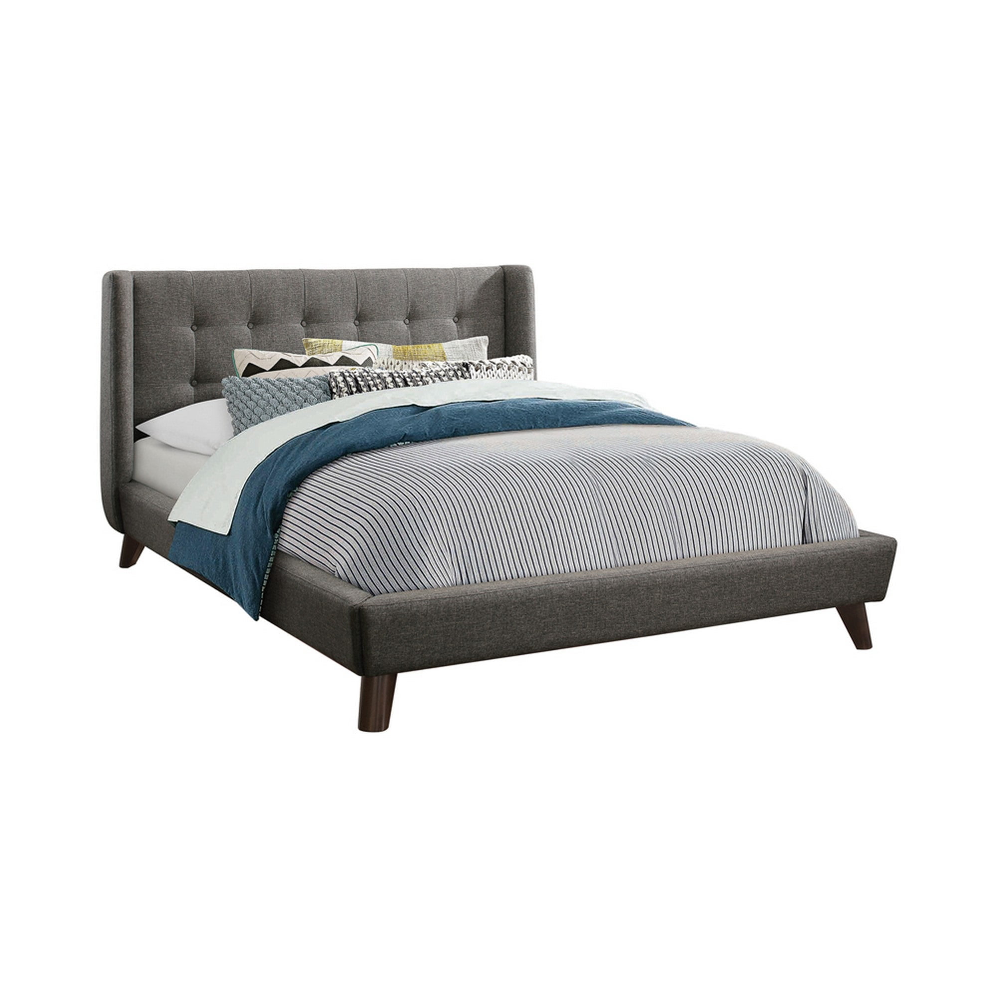California King Bed with Button Tufted Wingback Headboard, Gray