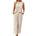 thumbnail image 3 of Women'S Summer 2 Piece Outfits Set Round Neck Sleeveless Tank Crop Top Wide Leg Pants Set with Pockets Apricot M, 3 of 9