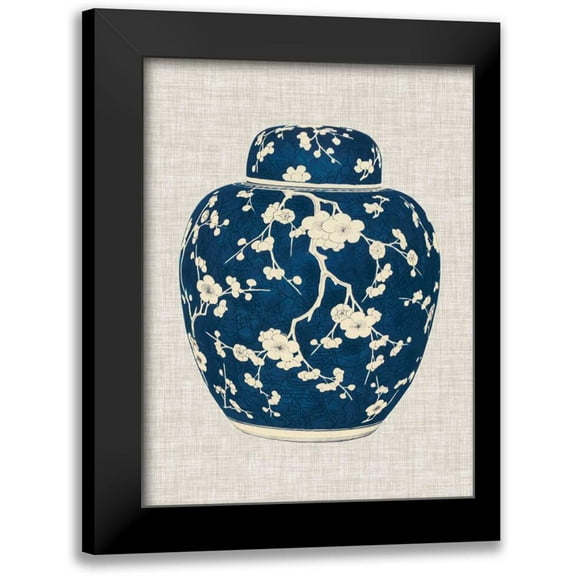 Vision Studio 12x14 Black Modern Framed Museum Art Print Titled - Blue and White Ginger Jar on Linen II