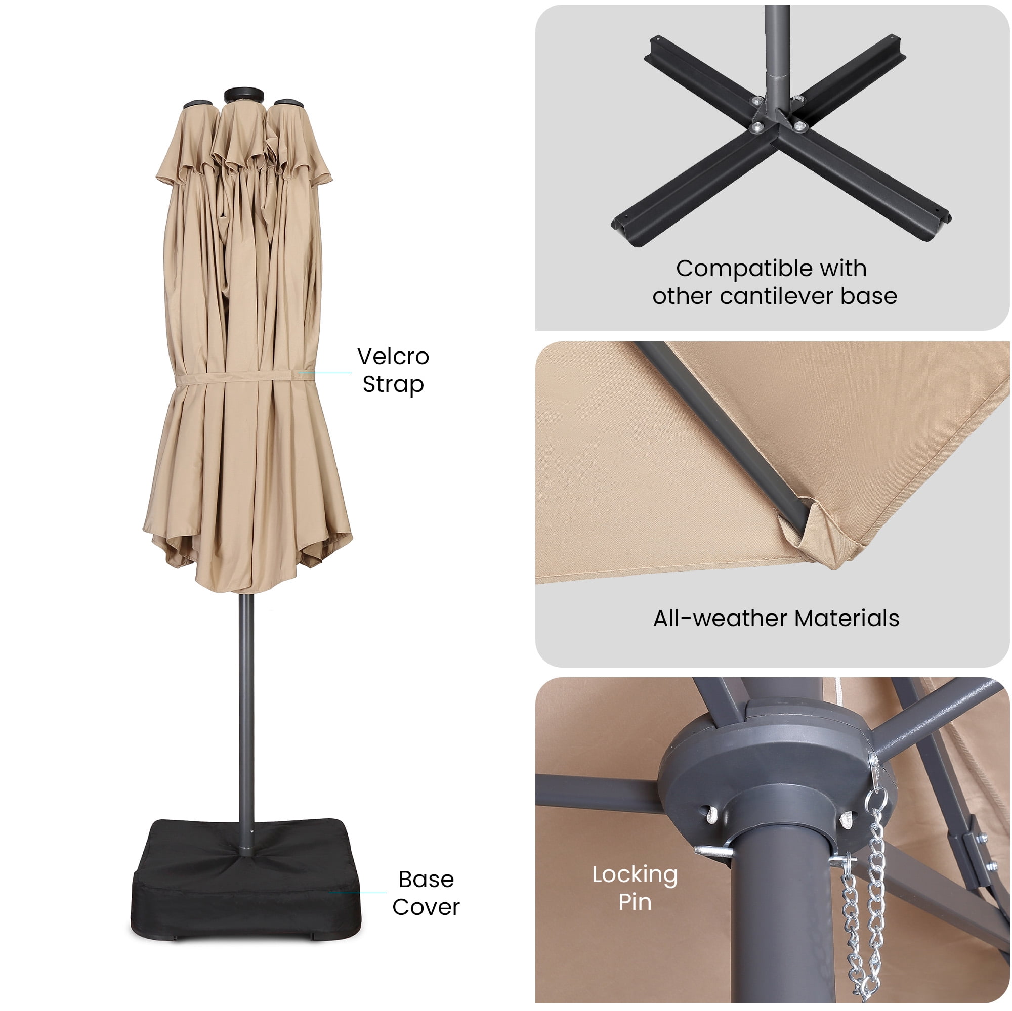 Home Zone Living 15x9 Ft Double Head Patio Umbrella with Base, 36 LED Lights, Sand Bags, UV resistant & Waterproof, 213 LBS Total Weight, Beige Tan