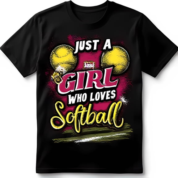 Just A Girl Who Loves Softball Black T-Shirt with Softball Graphics in Yellow & Pink
