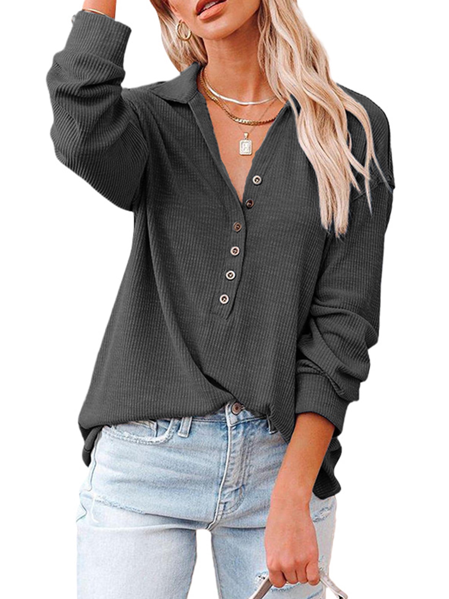 Casual Lapel Collar Henley Shirt for Women Loose V Neck Buttons Front