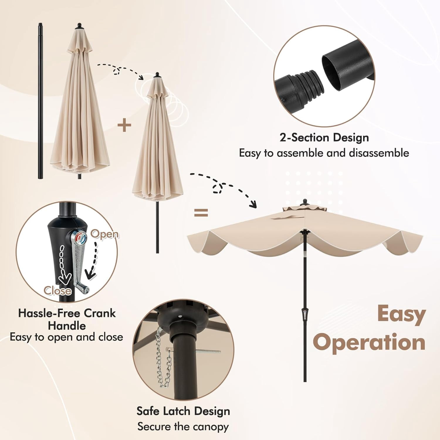 ZYPPP  9Ft Patio Umbrella, Outdoor Umbrella with Crank Handle, Push Button Tilt, 2-Tier Beach Umbrella with Sun-Protective Canopy, 8 Ribs, Scalloped Patio Umbrella for Outdoor Deck Pool Table (Beige)