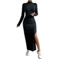 thumbnail image 2 of Turtleneck Bodycon Maxi Dress for Women Long Sleeve Slim Fit Stretchy Casual Fall Winter Split Dresses, 2 of 4