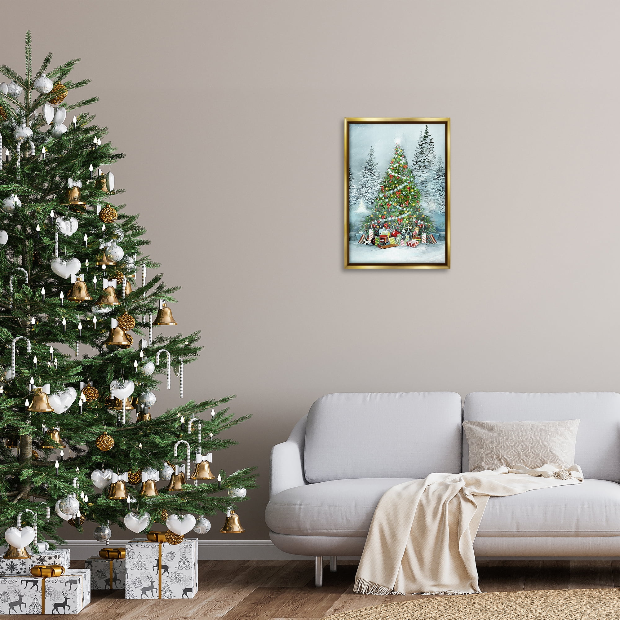 Stupell Industries Mistletoe Kisses Phrase Holiday Painting Gold Floater Framed Canvas Art Prints Wall Art, 17 x 25