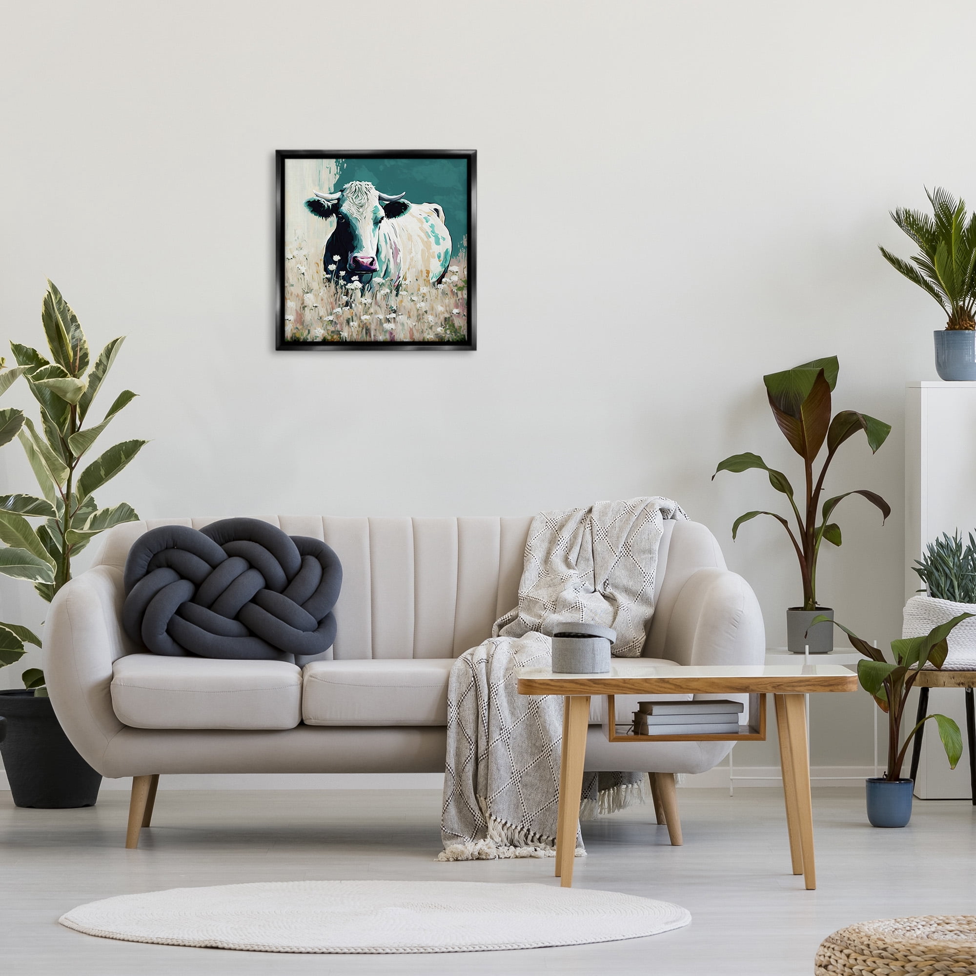 Stupell Industries Modern Cow in Meadow Animals & Insects Painting Black Floater Framed Canvas Art Print Wall Art, 25 x 25