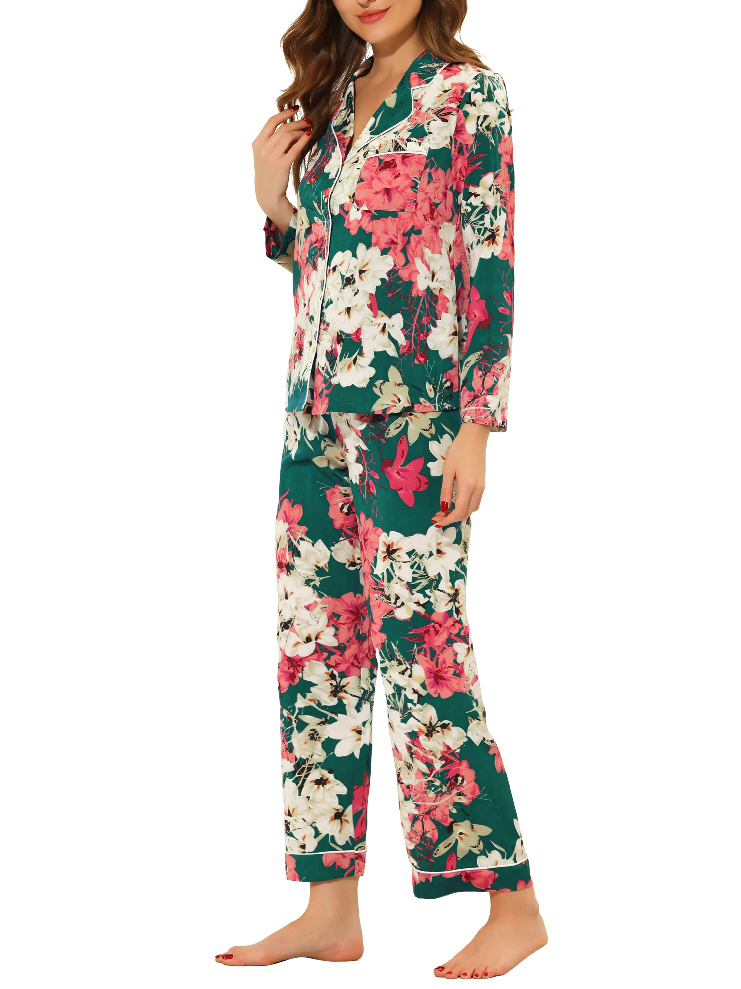 Unique Bargains Women's Pajama Sleep Shirt Nightwear Sleepwear Lounge Satin Pj Sets