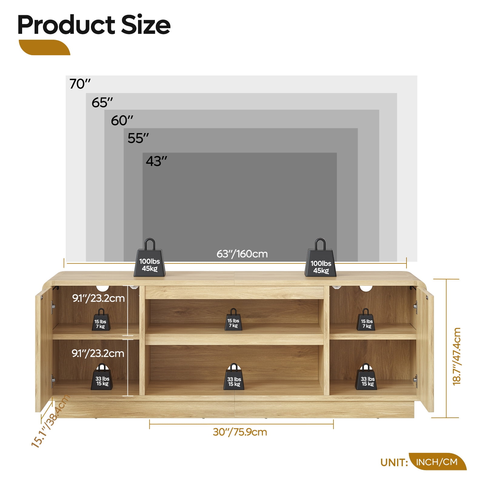 Bestier Arched Door Wooden TV Stand for TVs up to 70", Curved Corner Media Console with Open Shelf,Modern Entertainment Center with Dust-Free Enclosed Base,Natural Oak