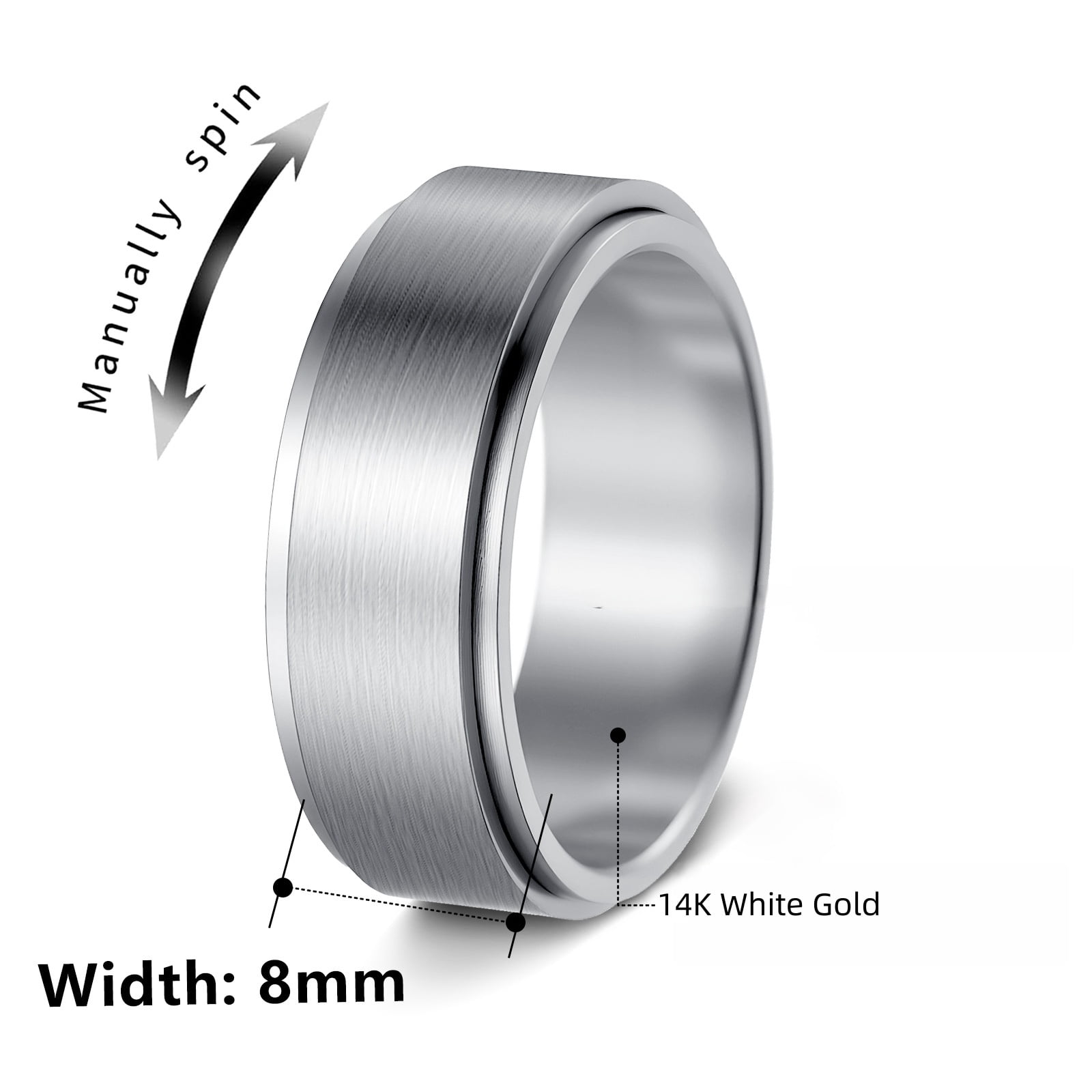 Anxiety Fidget Spinner Rings for Men Smooth 14K White Gold Spinning Rotate Ring for Women Punk Cool Anti Stress Jewelry