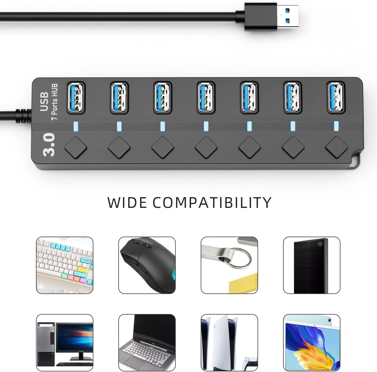 USB 3.0 Hub, 7-Port USB Data Hub Splitter with 3ft Long Cable USB Extension for Laptop,PC Computer,Surface Pro, PS4/5, Flash Drive, Mobile HDD - with LED Individual On/Off