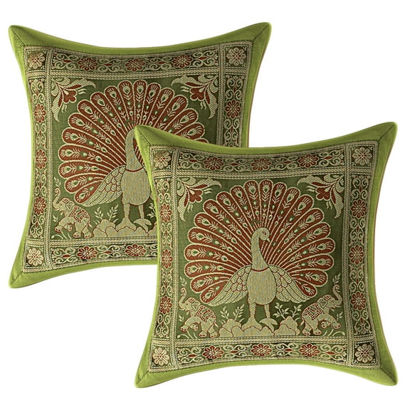 Stylo Culture Indian Settee Sofa Throw Pillow Covers 12x12 Jacquard Olive Green Square 30 x 30 cm Home Decor Brocade Peacock Elephant Zippered Cushion Covers | Set Of 2