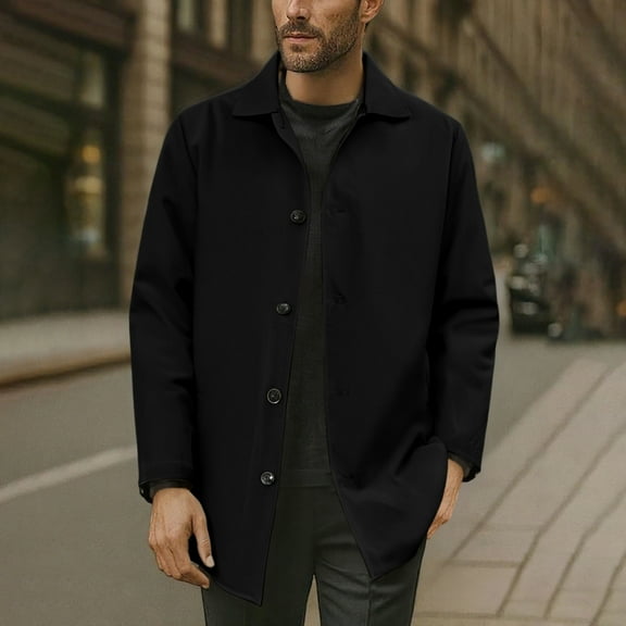 Guieoi Mens Coats Outerwear Winter Jackets Clearance Men's Solid Medium Long Casual Coat Coat Long Sleeve Lapel Collar Pocket Coat Black Black*Friday/Cyber*Monday Clearance