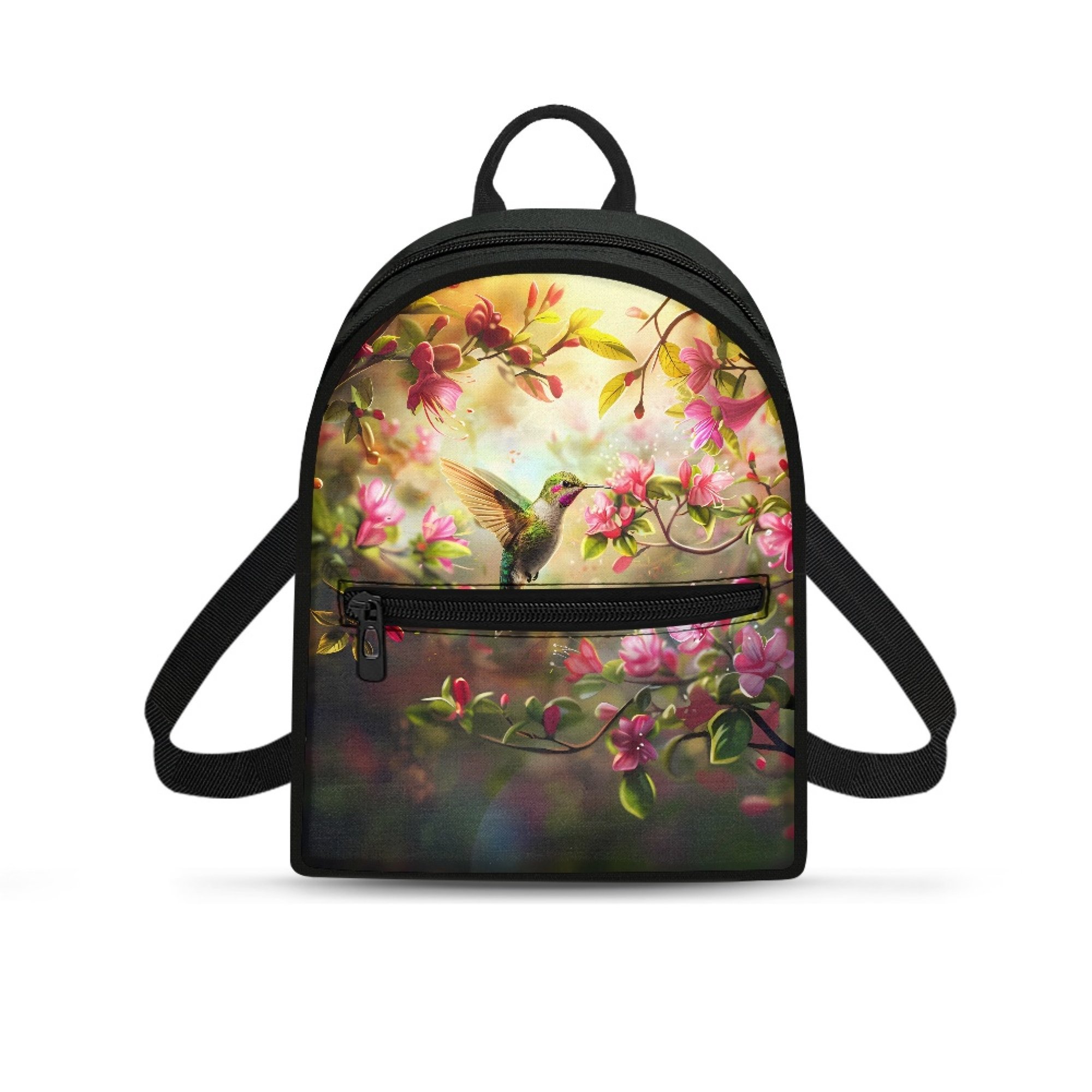 HELLHERO Hummingbird Floral Print Mini Backpack Front Pocket Polyester Small Backpack for Hiking Travel Adjustable Strap Travel Daypack