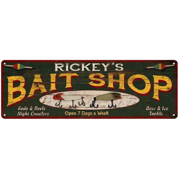 RICKEY'S Bait Shop Sign Wood Look Man Cave Den Gift 6x18 Metal 106180024352