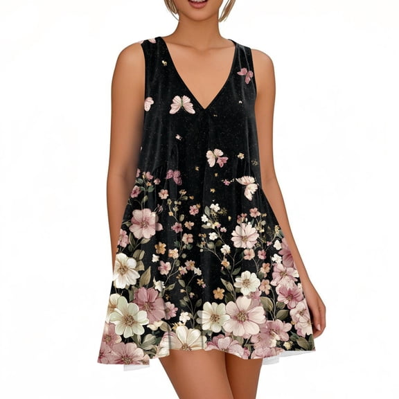 WTOBBY Women's Floral Print Sleeveless Dress V-Neck Casual Spring Summer Dress with Elastic Waist for Comfort and Flattering Fit,BlackL