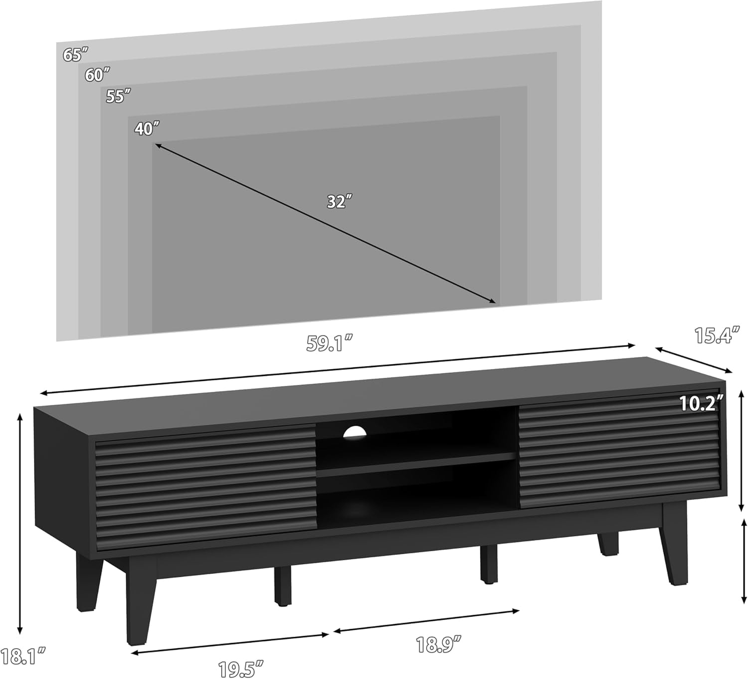 FANRAL Mid-Century Fluted TV Stand for 65 Inch TV,Modern Entertainment Center with Sliding Doors,Media Console with Adjustable Shelves & Cable Holes for Living Room,Black TV Stand
