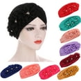 thumbnail image 2 of Grofry Three Flower Decal Design Turban Hat Elastic Hijab Cap Hair Loss Cover Headwear Rose Red, 2 of 8