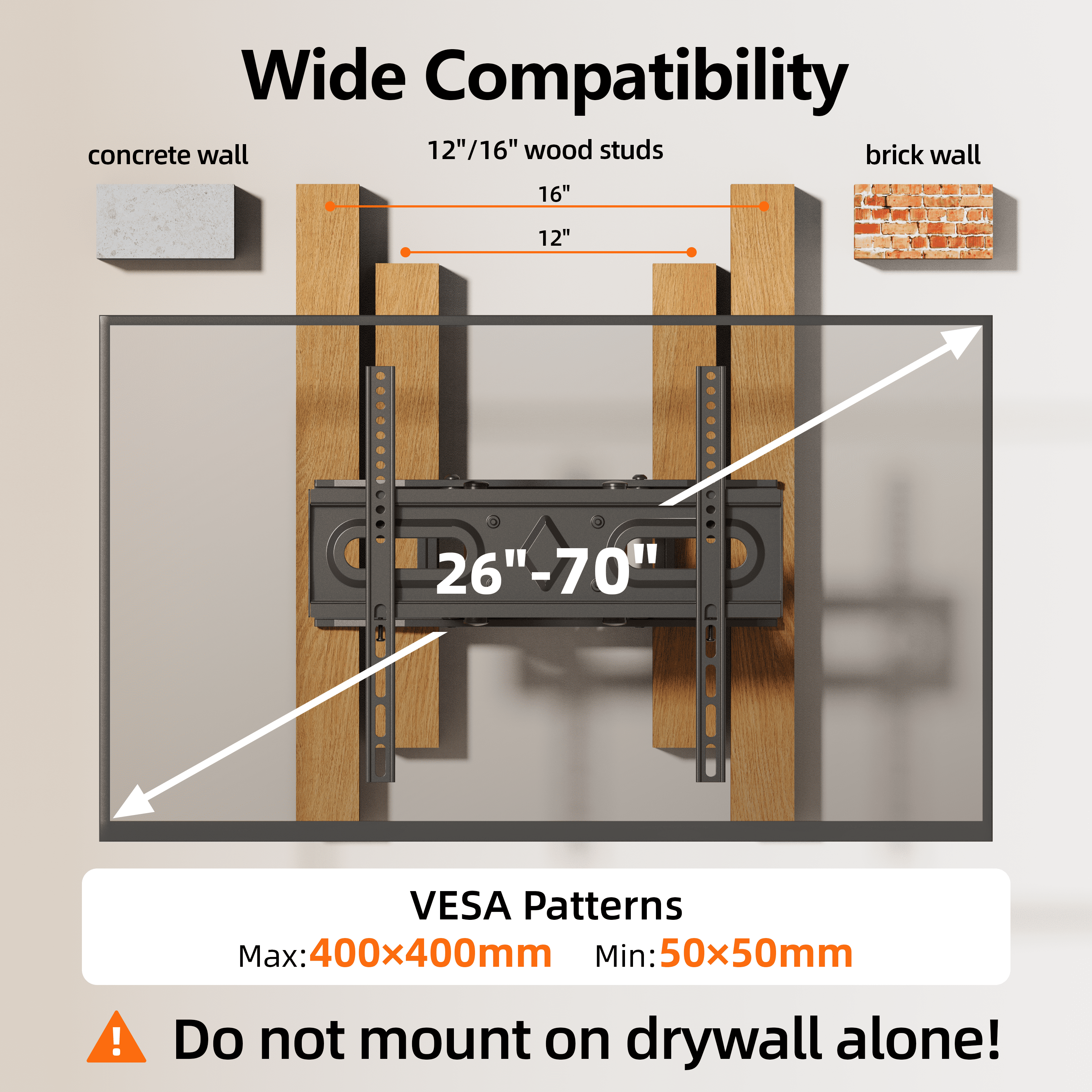 USX MOUNT Full Motion TV Wall Mount for 26-70 inch Flat & Curved TVs, Max VESA 400x400mm, Holds up to 110lbs, Fits 8"/12"/16" Wood Stud