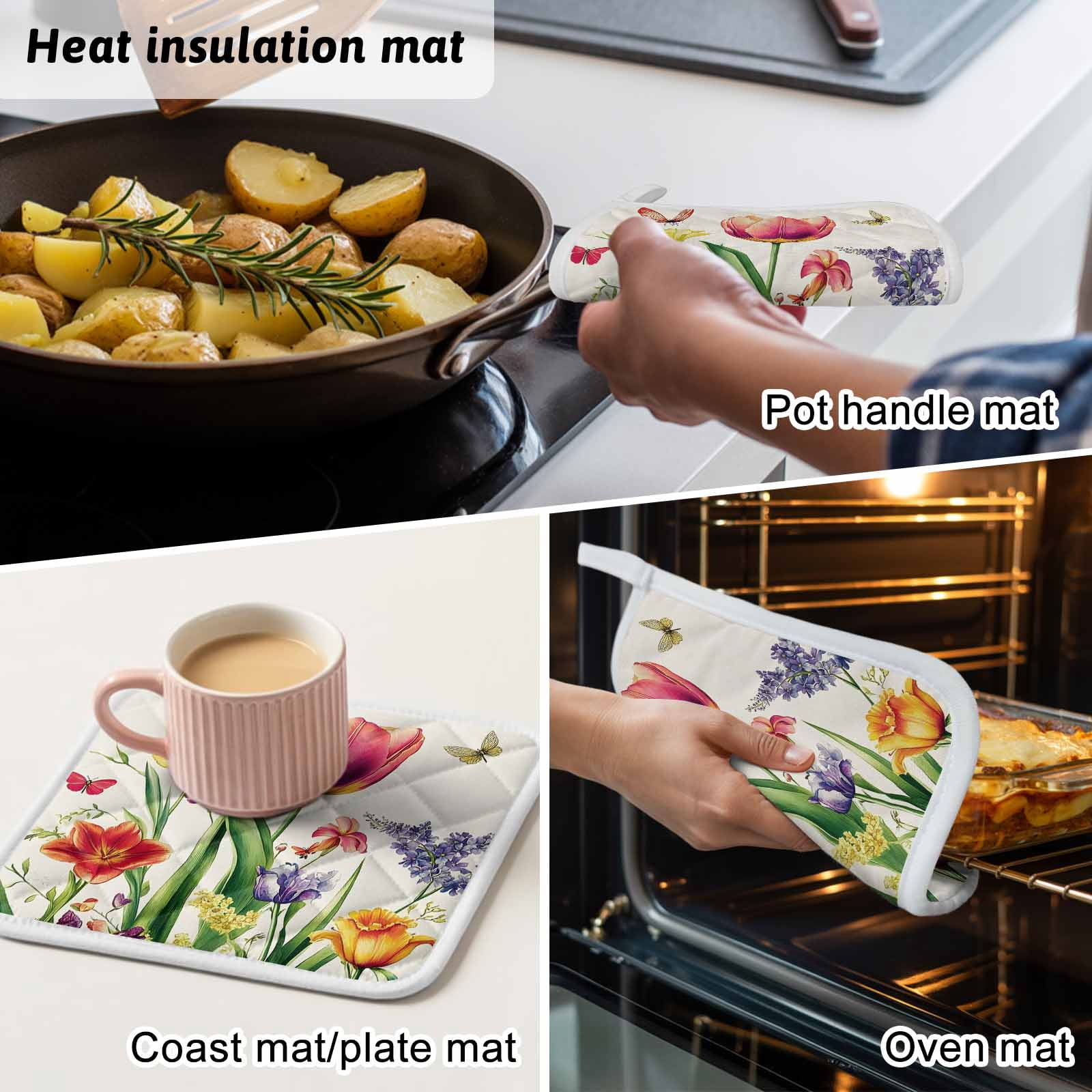 Spring Floral Pot Holders for Kitchen Heatproof Potholder, 4 Pack Rustic Tulip Butterfly Botanical Summer Hot Pads Multipurpose Oven Pads Cloth Potholders Trivet for Cooking and Baking