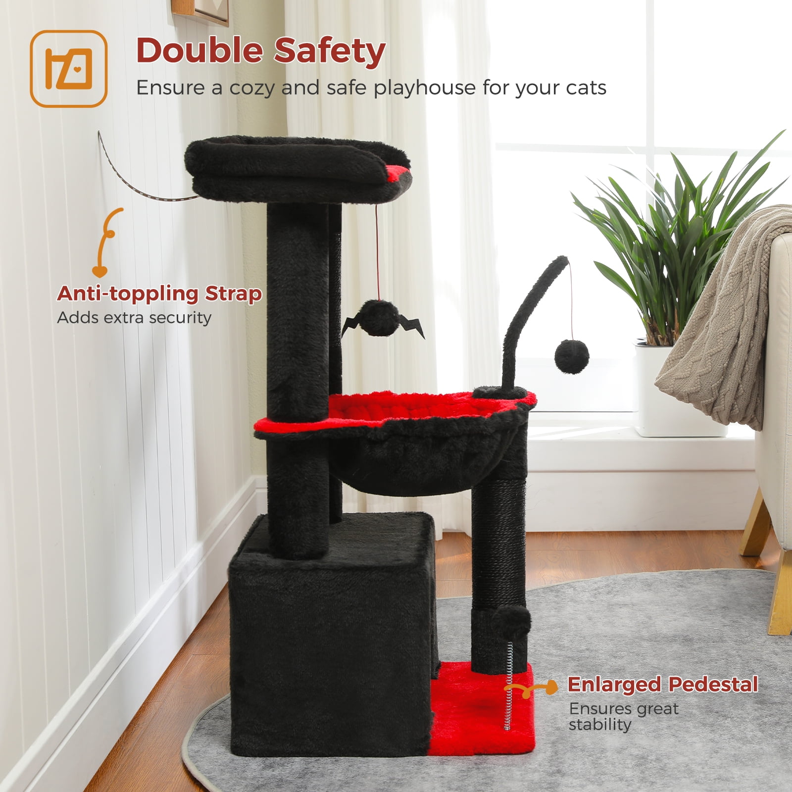 PAWZ Road Cat Tree 33" Gothic Cat Scratching Posts Tower with Large Top Perch and Hammock for Medium Indoor Cats, Black