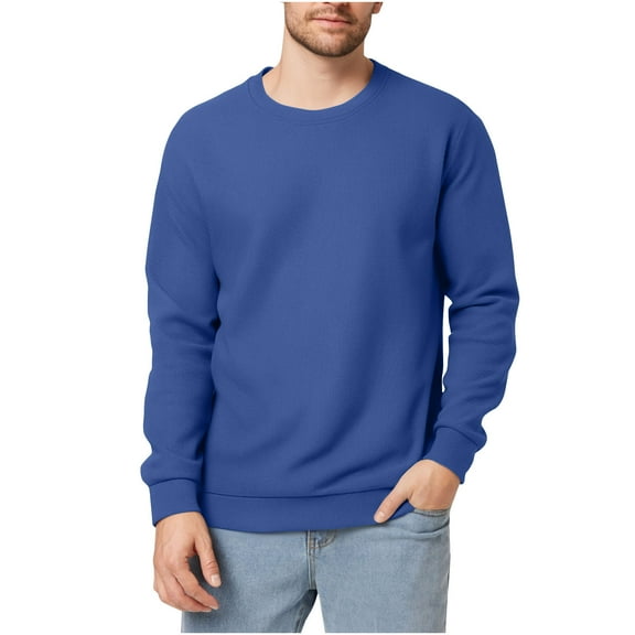 Iugvhana Men's Waffle Long Sleeve Round Neck Shirts Casual Solid Color Baselayer Tops Slim Fit Pullover T-Shirt Blouse Blue XXXL