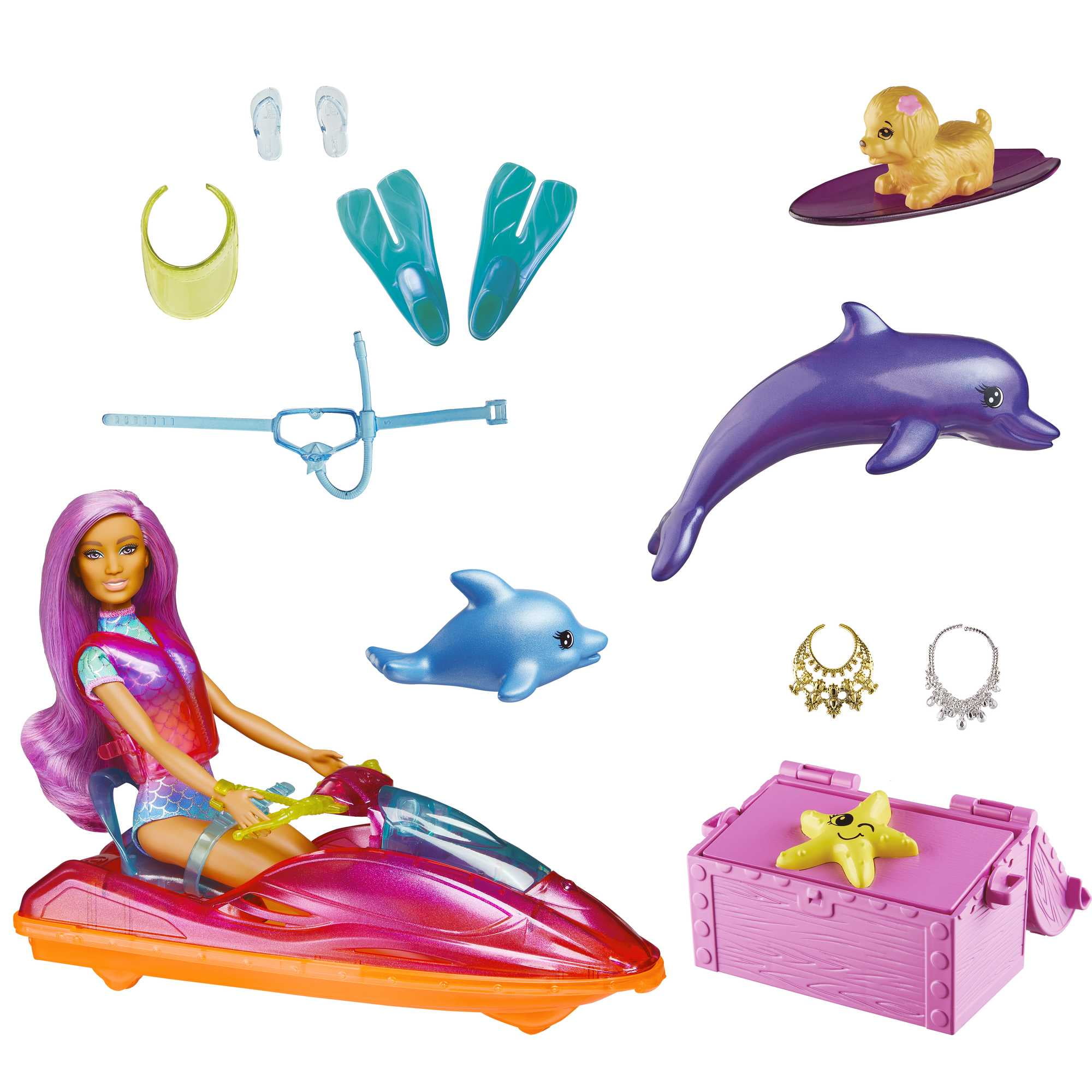 Barbie Beach Doll with Jet Ski and Water Sport Accessories Puppy Dolphins and More Multicolor