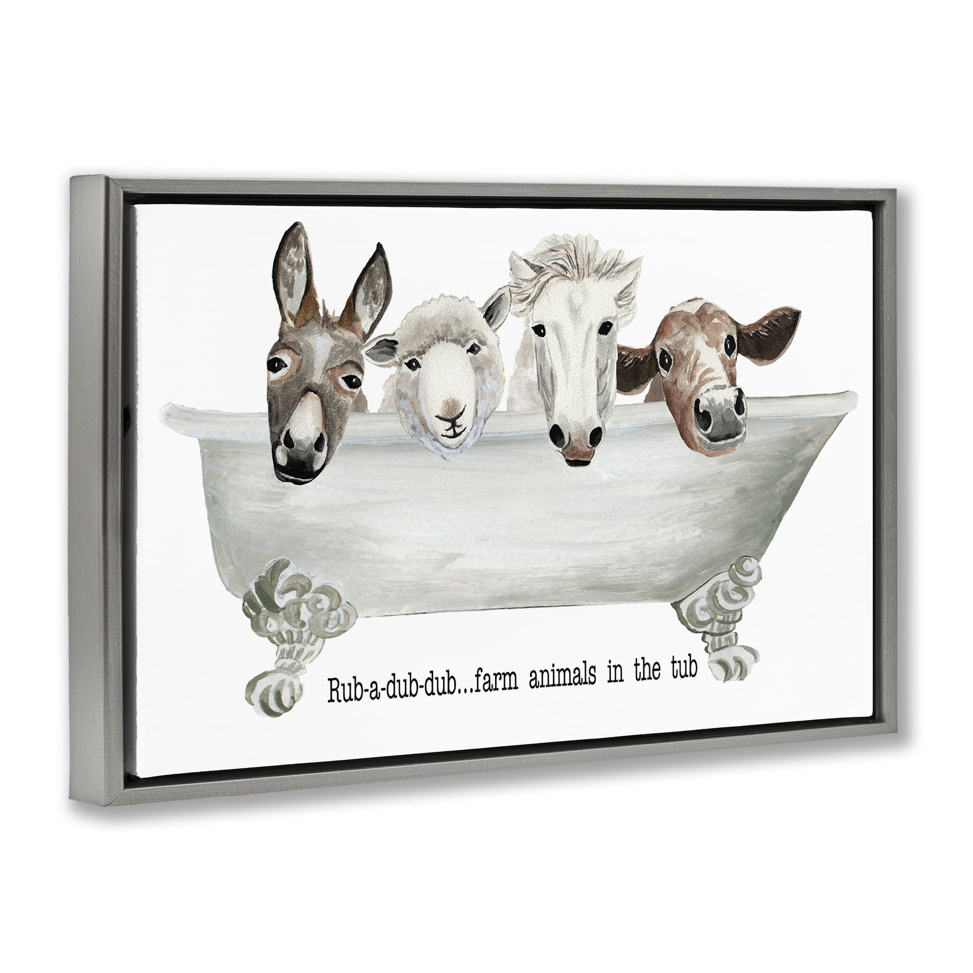 Stupell Industries Farm Animals Tub Bath & Laundry Painting Gray Floater Framed Canvas Art Print Wall Art, 31 x 21
