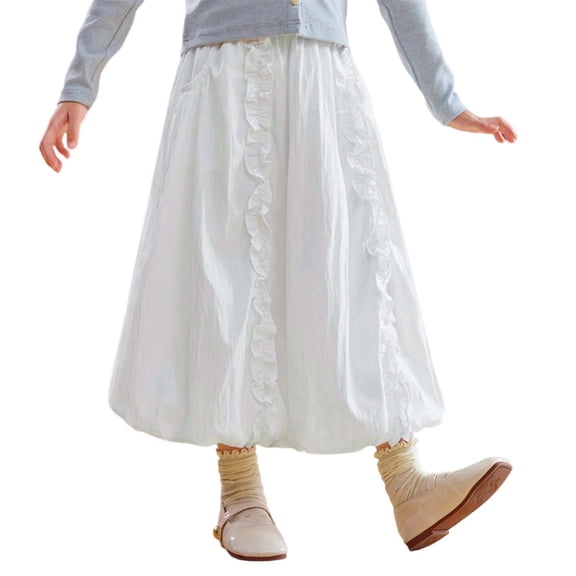 Rggeeun Toddler Girls Skirt Solid Color A Line Front Ruched Ruffle Waist Draping High Stretchy Calf Length for Summer Holiday Elegant Skirts,White,4-5 Years
