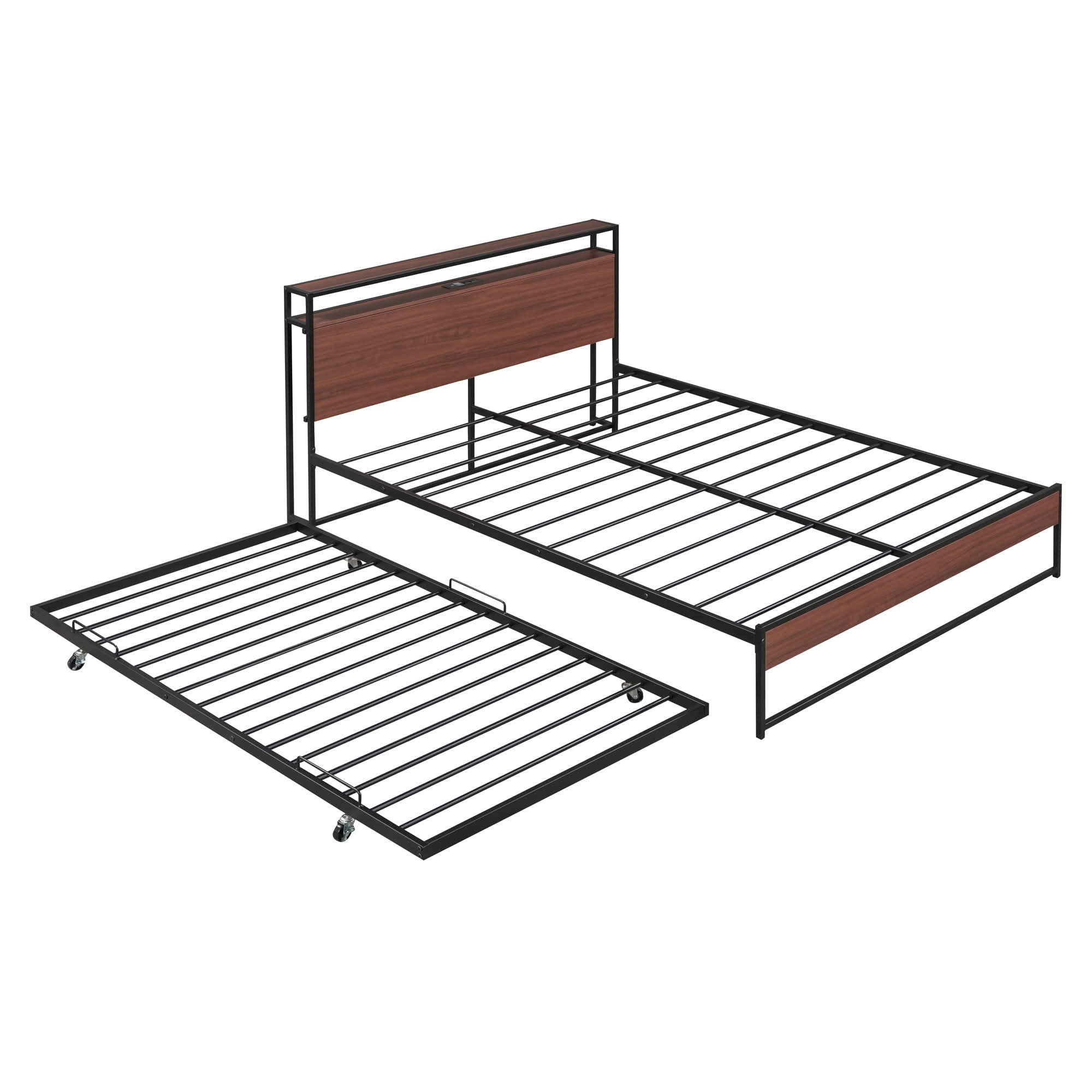 MAYEERTY Full Size Metal & Wood Daybed with Trundle, Headboard Shelves with USB & Socket, Sturdy Noise-Free Frame No Box Spring Needed